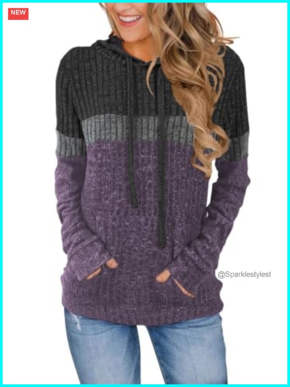 Cozy Textured Knit Hoodie Colorblock Tunic Pullover Fall Winter